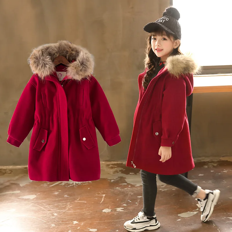 

2018 Autumn Winter Girls Woolen Warm Coat Children Raccoon Fur Hooded Jacket For Kids 4-12 Year Quilted Windbreaker jacket
