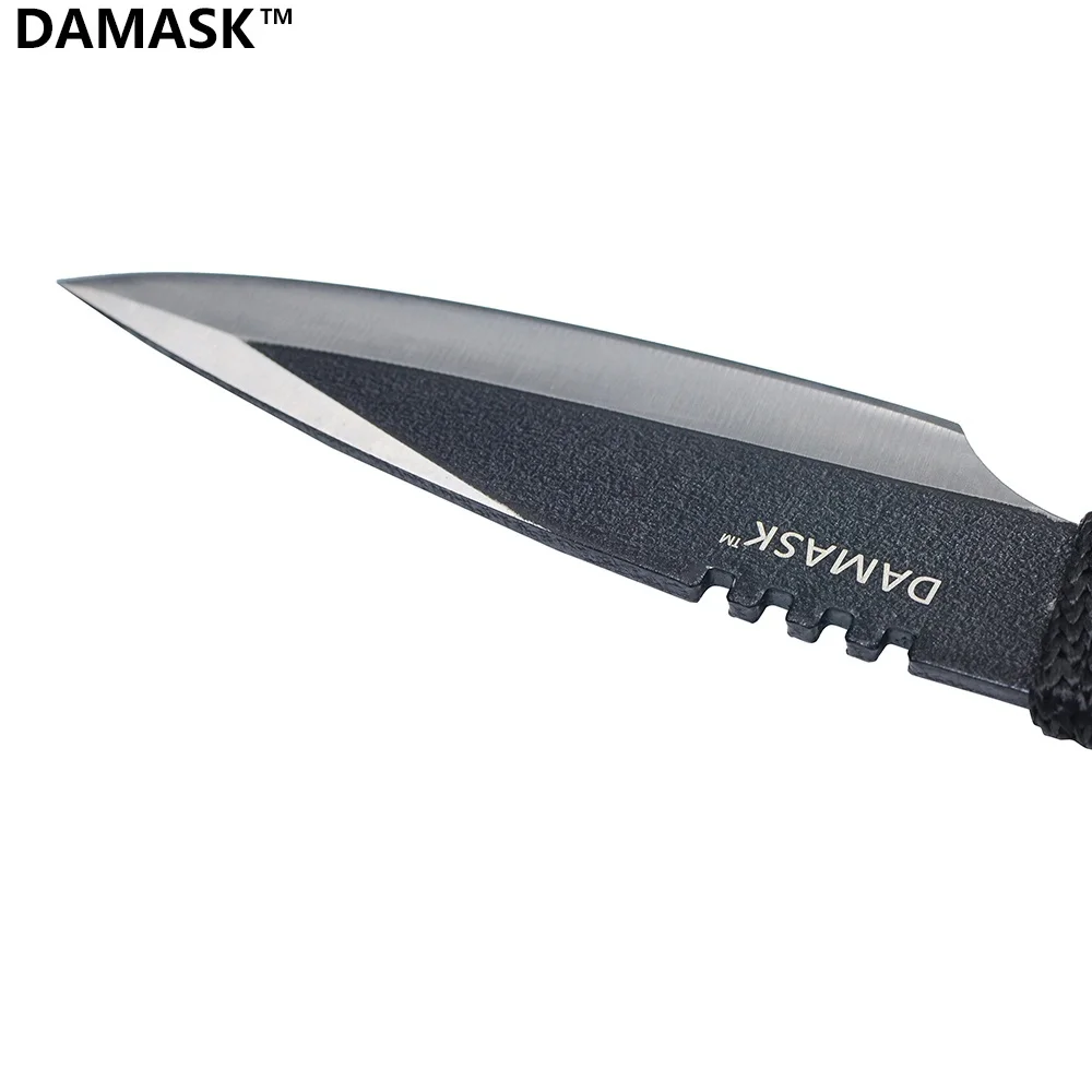 Black Stainless Steel Top Knife Fixed Blade Ourdoor Survival Knife Serrated Edge Rope Handle Knife Tactical Adventure Knife