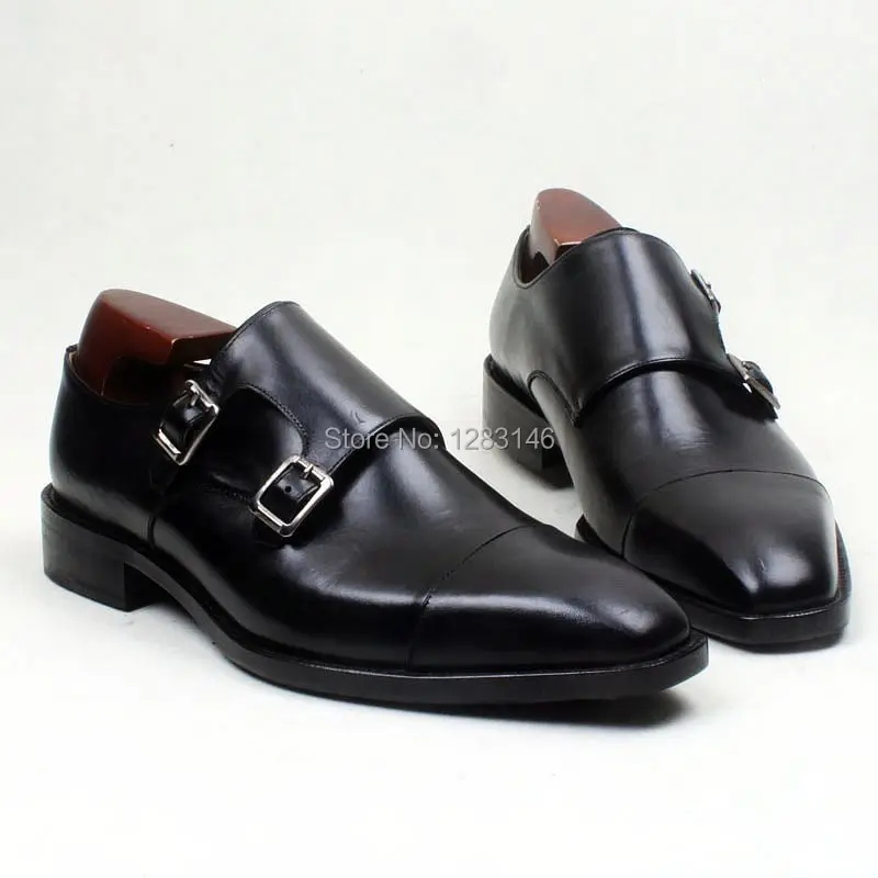 

obbilly Custom Handmade Leather Upper/outsole/Insole Black Double Monk Straps Square Captoe Toe Men's Flats Shoe No.MS109