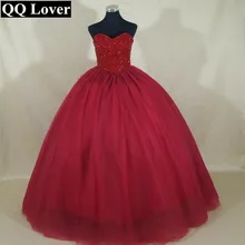 QQ Lover 2017 New Dark Red Crystals Beaded Ball Gown Wedding Dress Custom-made Bridal Gown Robe De Mariage