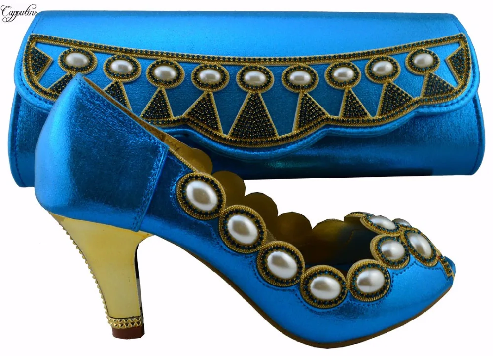 Amazing wedding sets series African high heel sandal shoes and handbag sets with big pearl 1308-L59 wine