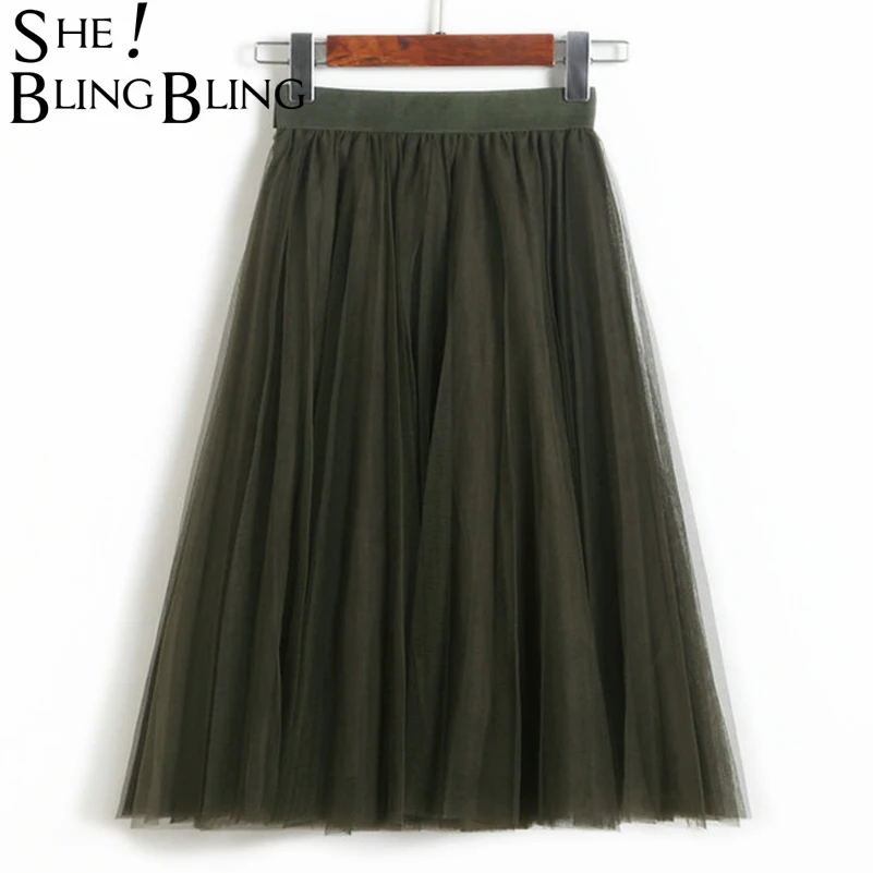 

SheBlingBling Three Layer Mesh Ball Gwon Skirt 2019 Summer Elastic High Waist Midi Candy Color Knee Length Skirt with Lining