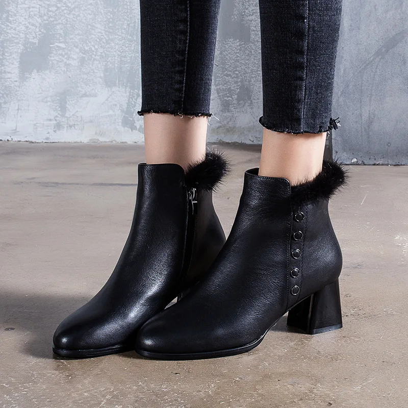 

lianhuaxiang Hot Sale Fashion Genuine leather women boots winter warm shoes Leisure Pure color ankle boots women black