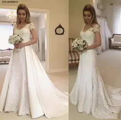 Abito da sposa кружево атлас 2019 А-силуэт Свадебные платья с короткими рукавами Аппликации для свадебных платьев съемный шлейф Винтаж