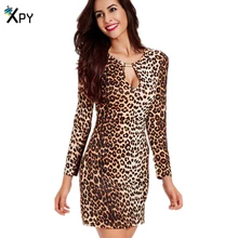 [XPY]Women Dress Casual Long Sleeve Sexy V Collar Summer Dress Sheath Bracelet Leopard Print Mini Sexy Dress