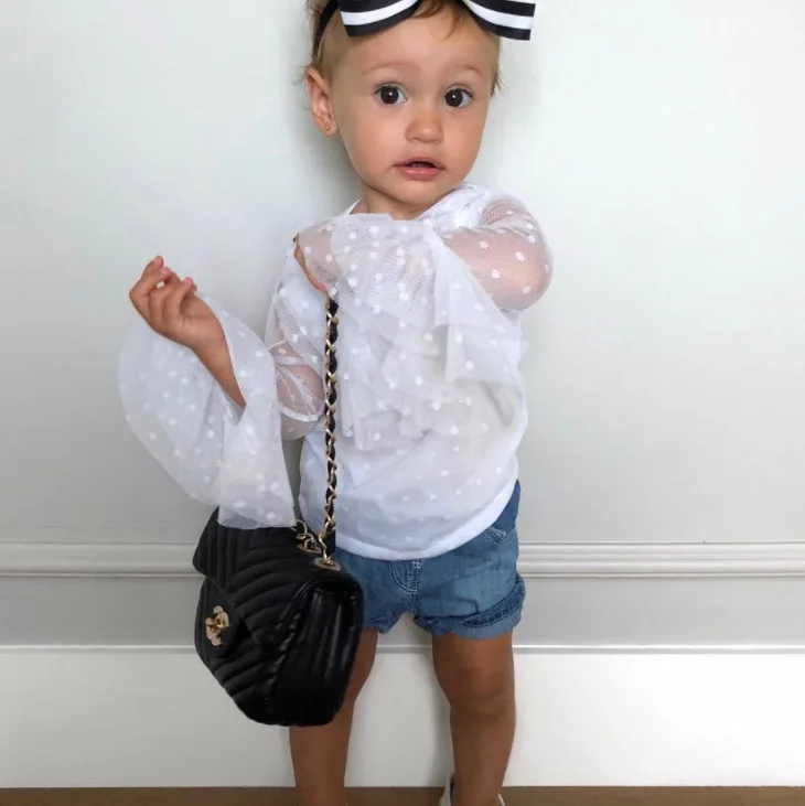 

2018 Summer Fashion Baby Girls Clothes White Princess Blouse Flare Sleeve Kids Girls Polka Dot Lace Doll Mesh Puff Shirts Tops