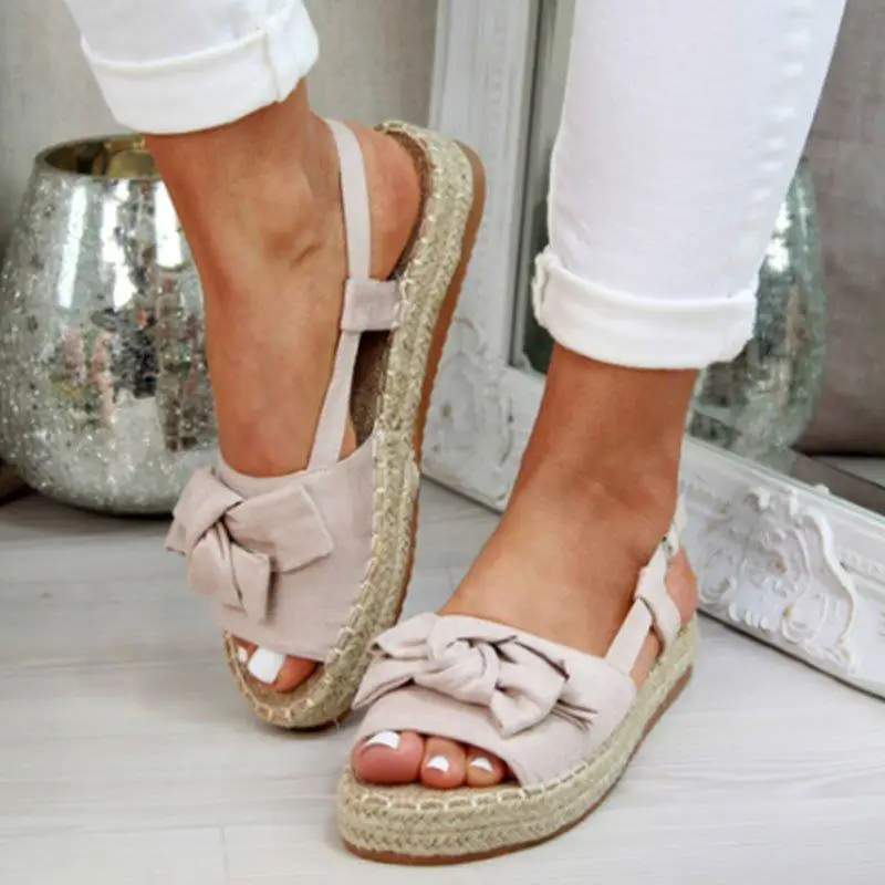 HEFLASHOR/женские босоножки; сандалии на плоской подошве; Летняя обувь; женская повседневная обувь с открытым носком и бантом; Sandalias Mujer; коллекция года; zapatos de mujer - Цвет: beige