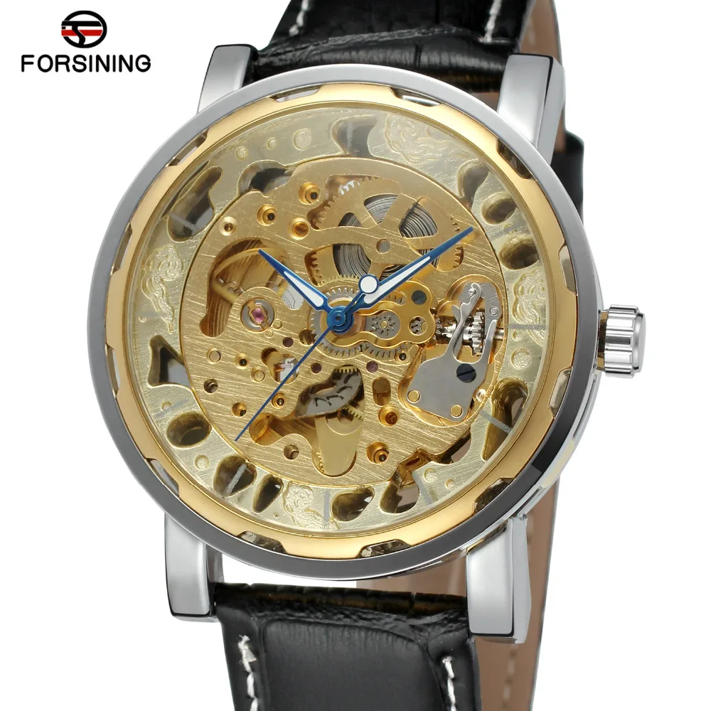 Forsining Skeleton Automatic Watches for Men Leather Strap Analog Hign End Wrist Watch Color Gold Famous