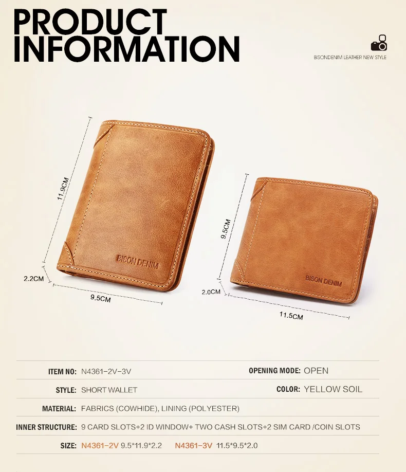 BISON DENIM Genuine Leather RFID wallet Men red brown vintage purse card holder Brand men wallets dollar price Male Purse 4361