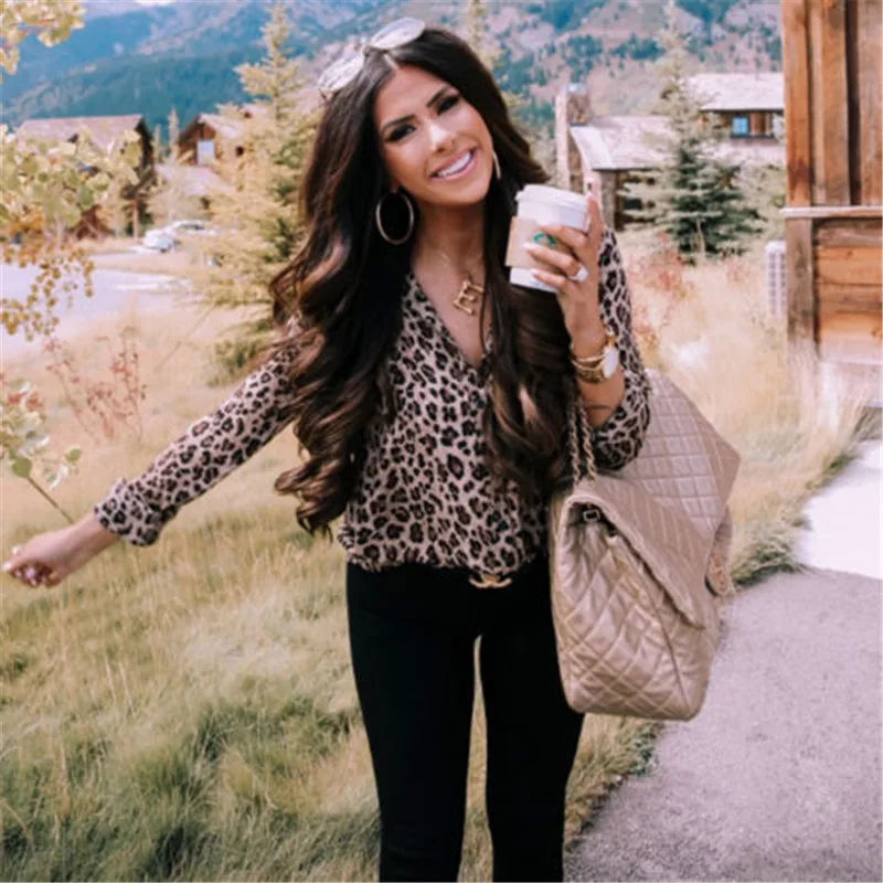 Сексуальная женский леопардовый принт рубашка, блузки, топики с длинным рукавом v-образным вырезом Весна Осень рубашка блузка одежда OL горячие продажи леди рубашка блузка - Цвет: 2
