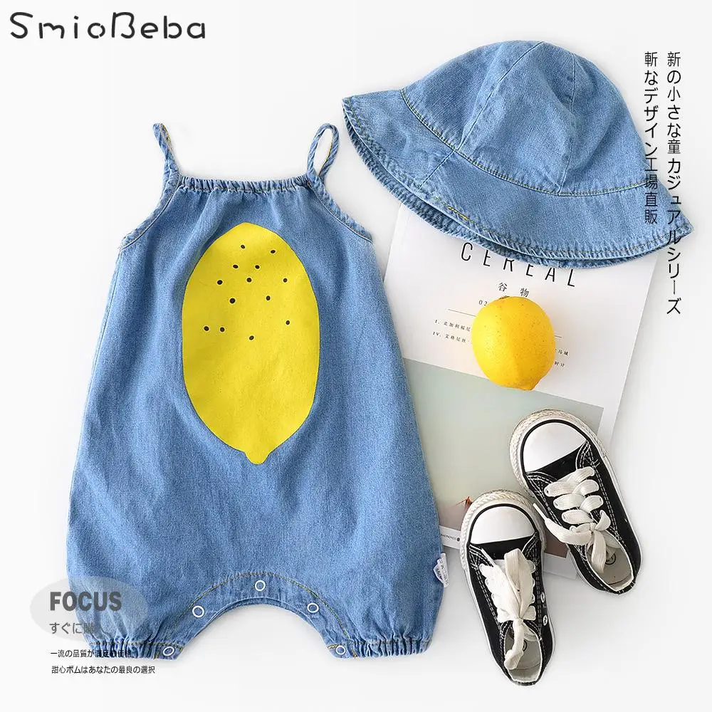 

Summer Unisex Boys Girls Rompers With Cute Cartoon Printed Lemon Soft Jeans Straps For Boys Girls Rompers W/ Fress Hats Jumpsuit