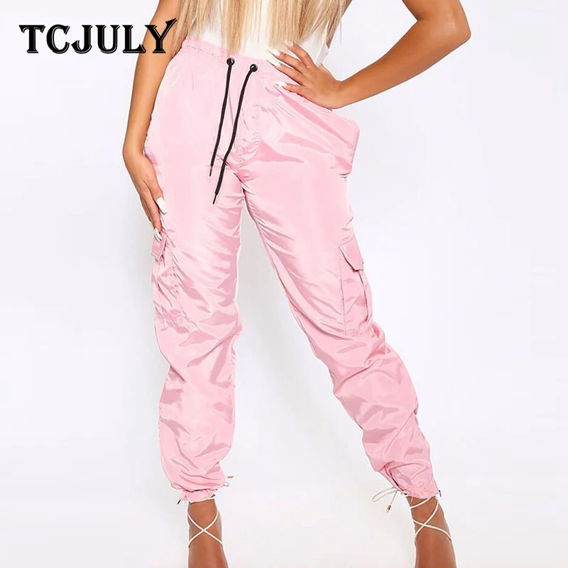 

TCJULY Summer 2019 Stain Smooth Casual Pants Solid Pockets High Waist Trousers Stylish Streetwear Drawstring Jogger Pants Women