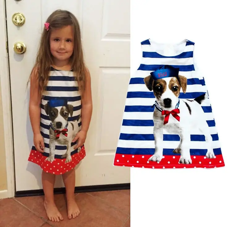 

2016 Baby Kids Girls Lovely Dog Dogie Printed Summer Dress Sleeveless Striped One-piece dress 3~7Y