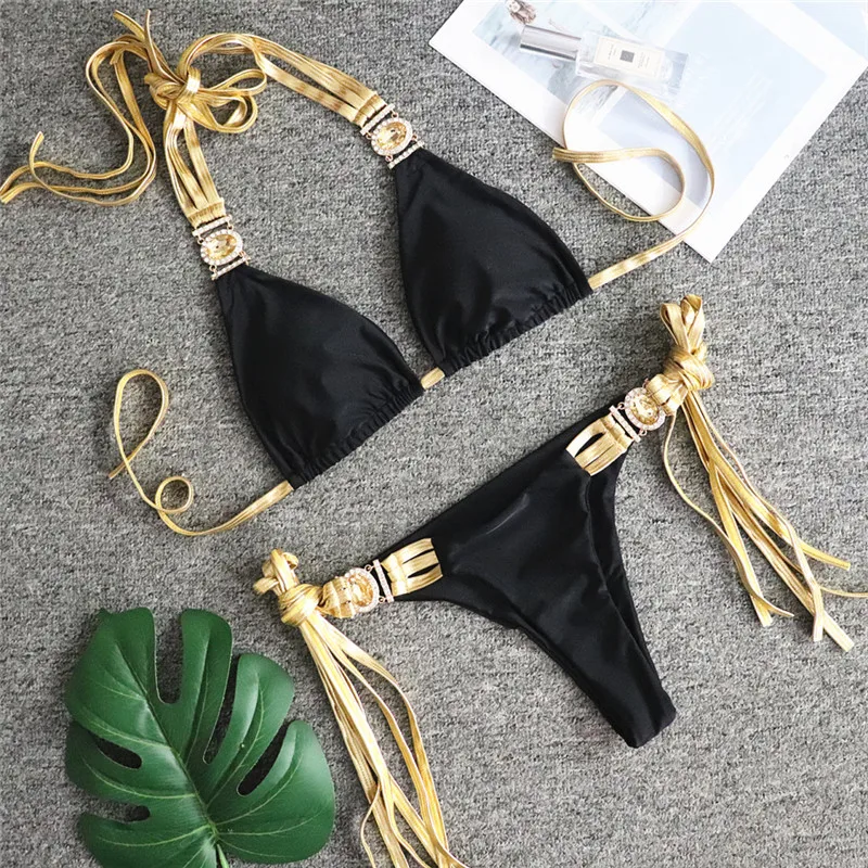 In-X Crystal bikini Sexy halter swimsuit female Solid string bikini set High cut swimwear women Shiny bathing suit Bathers