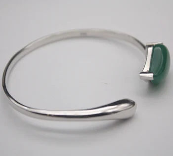 

Elegant Real S925 Silver Bangle Green Chalcedony Heart Women's 55-58mm Open Lucky