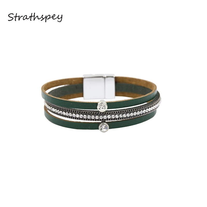 

STRATHSPEY Multilayer Rhinestone Leather Bracelet For Women Handmade Retro Bracelets With Magnetic Clasp Fashion Jewelry