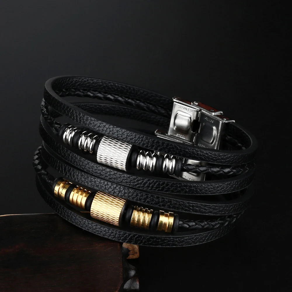 

Liujun Trendy Men Genuine Leather Bracelets Charm Men Stainless Steel Buckle Leather Bracelets&Bangles for Women Male Bracelets