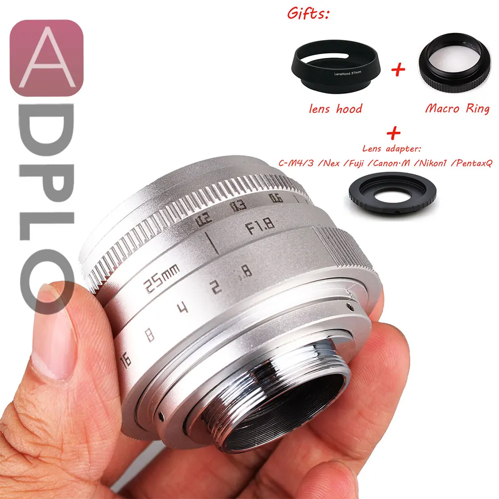 

Adplo Silver 25mm f/1.8 APS-C TV Lens + Lens Hood+ Macro Ring +C to camera adapter for Nikon 1 / M4/3 /for CanonM /Pentax Q /Nex