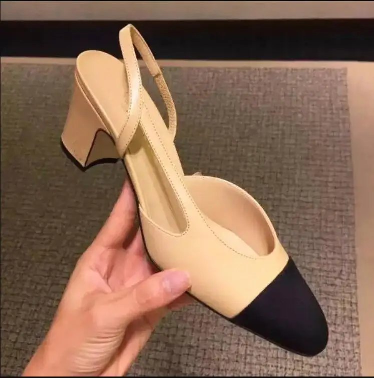 

Super beautiful small fragrance retro color matching baotou thick with sandals back empty leather single shoes net red shoes