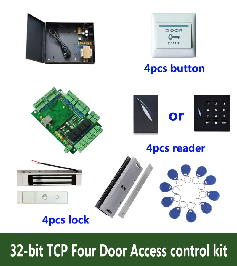 

Access Control Kit,TCP Four Door Access Control+Powercase+180kg Magnetic Lock+U-Bracket +ID Reader+Button+10 ID Tags,Sn:Kit-T404