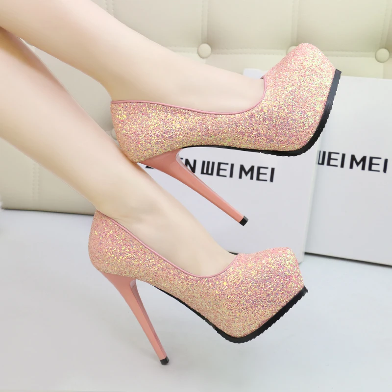 

Brand New Fashion Woman Thin High Heels Platform Pumps Lady' Sexy Pointed Toe Slip On Solid Woman Nightclub Shinning Slim Shoes