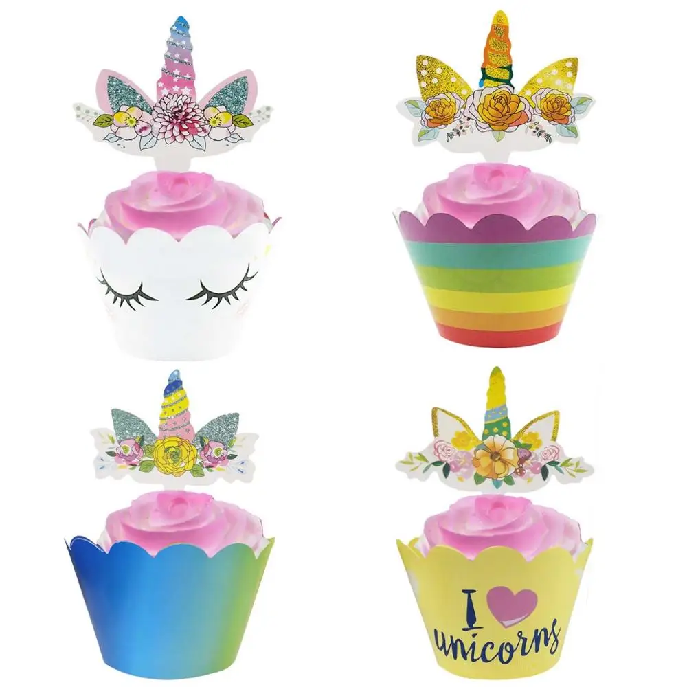 

24Pcs 4 styles Unicorn Rainbow Cake Toppers Cupcake Wrappers Birthday Party Cake Decoration Baby Shower Unicorn Party Supplies