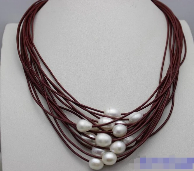 

HOT 003478 white freshwater pearls 15strands red leather necklace 19-23INCH Alloy"Handmade