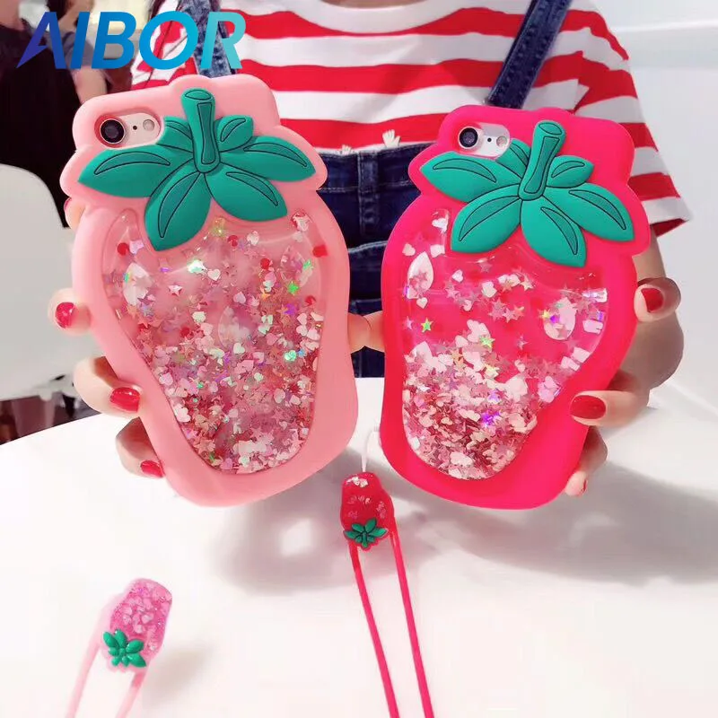 

Fashion flare love star sequin glitter liquid quicksand 3D strawberry rubber case For Iphone X XS 6 6s plus 7 8 plus with rope