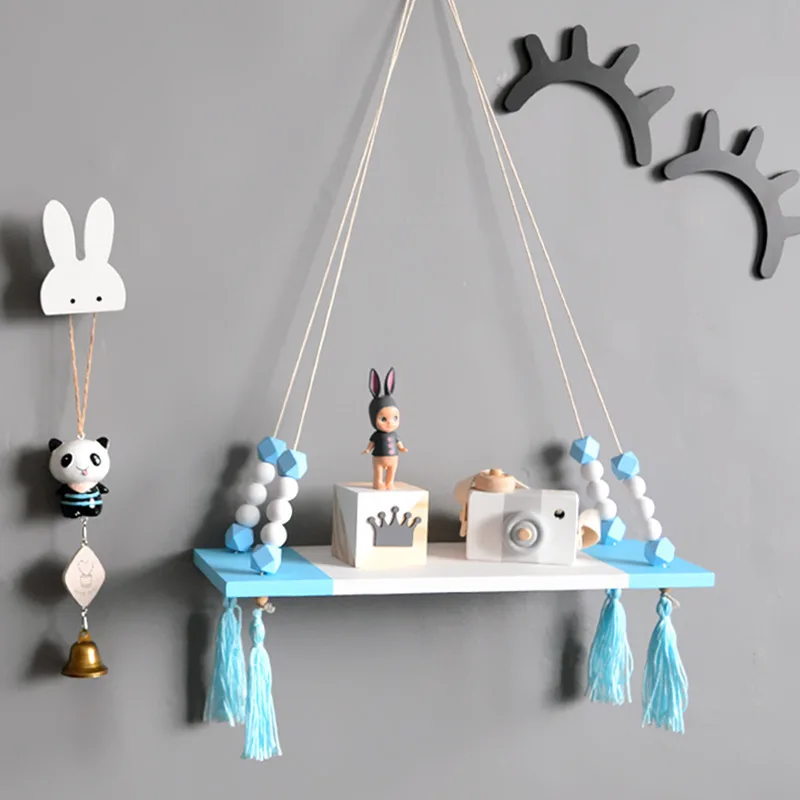 

Wood Hanging Floating Shelf Wall Swing Storage Shelves With Colorful Beads Tassel Wall Clapboard Decoration Children Room Decor