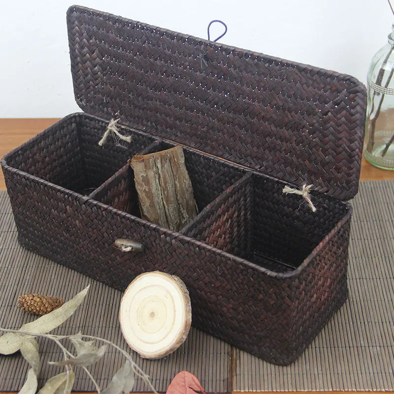 WHISM 3 Compartment Storage Box Wicker Rattan Basket With Cover Sundries Holder Case Container Jewelry Makeup Desktop Organizer