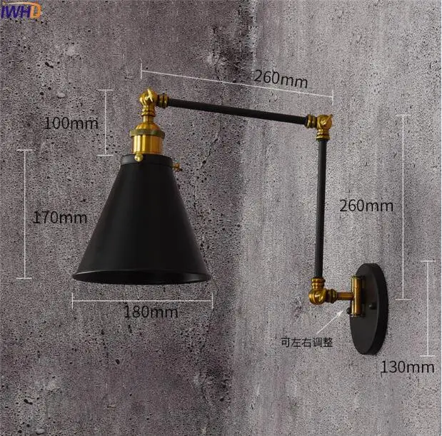 IWHD античный винтажный светодиодный настенный светильник черный Ретро Регулируемый поворотный настенный светильник с длинным кронштейном для лестницы Edison бра промышленный стиль лофт - Цвет абажура: 1