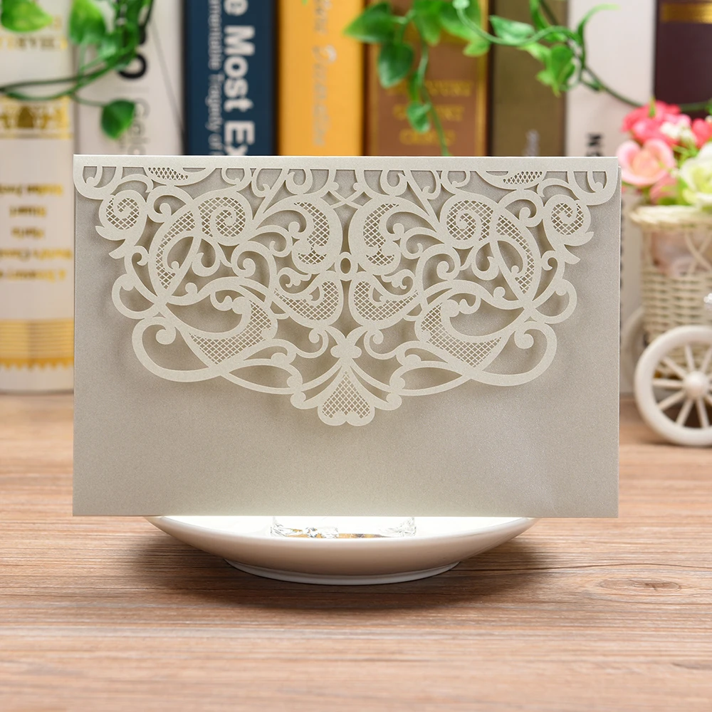  5 Sets 3 Folds Laser Cut Flowers Wedding Invitations Cards with RSVPgreeting card for Wedding Brida - 33046762017
