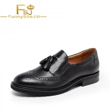 Черный круглый носок плоские Wingtip обувь Винтаж Для женщин оксфорды Slip-On Riband весна, осень Юбилей женская обувь день FSJ элегантный