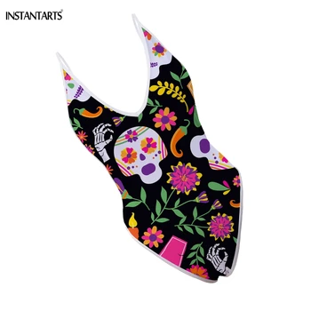 

INSTANTARTS Day of The Dead Skull Pattern Bathing Beachwear Backless Deep V Monokini Woman Lady Summer One-piece Swimming Suits