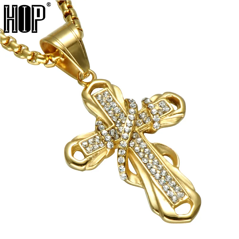 

HIP Hop Ice Out Gold Color Pave Rhinestones Stainless Steel Cross Crucifix Men Pendant Necklaces for Men Jewelry