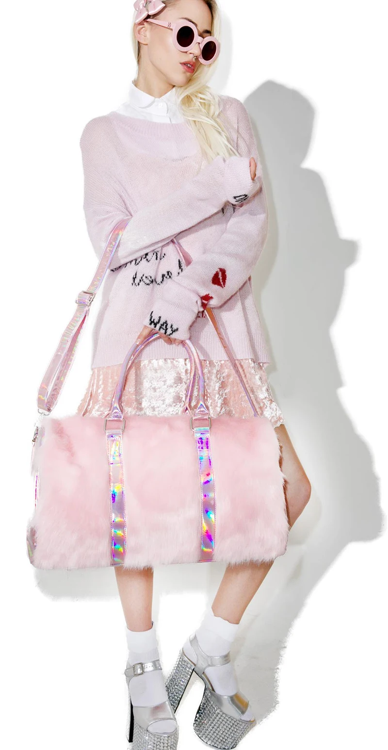 Радужная Спортивная дорожная сумка из искусственного меха для девочек, лазерная фитнес-сумка, мягкая Женская Симфония, уличная сумка, светоотражающая сумка для багажа