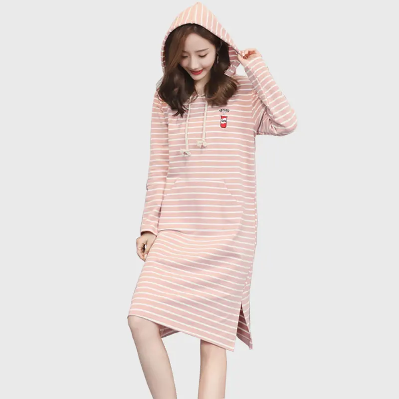 

Women Hooded Hoody Sweater Coat Pure Cotton Stripe Long Style Spring Hoodie Dress Maternity Clothes Pregnancy Clothes