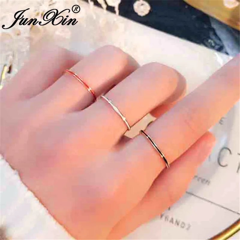 JUNXIN 1 мм минималистичные тонкие кольца черная белая Красная эмаль титановые кольца из нержавеющей стали для женщин розовое золото складывающееся круглое кольцо