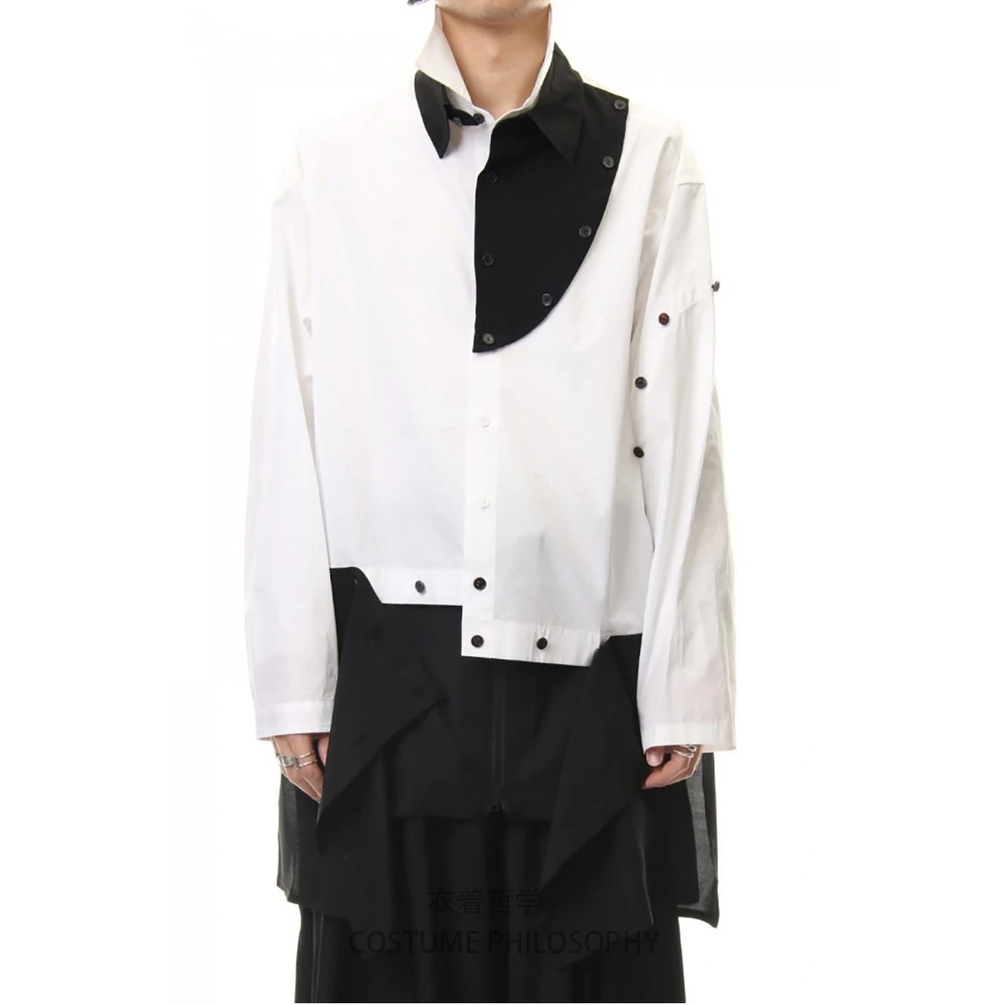 

Men's Shirt Black And White Stitching Loose Separation Multi-button Square Collar Single Breasted Long Sleeve Plus Size Shirts