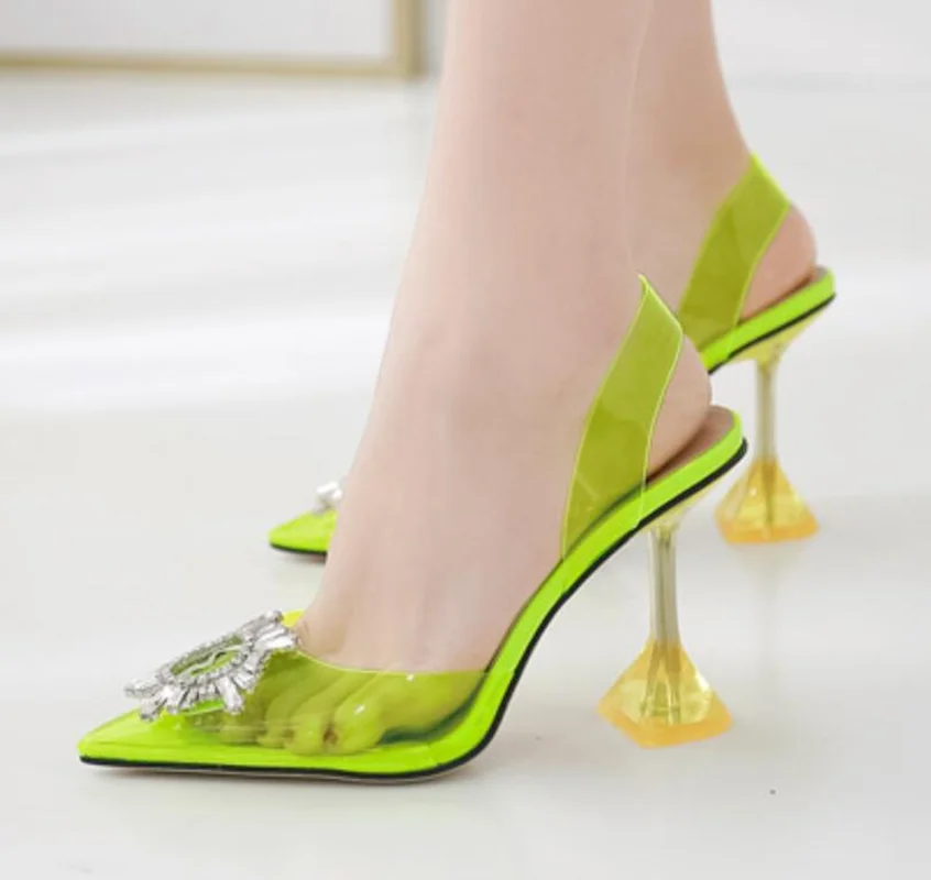 

Womens Pointed Toe Crystal Rhinestones Bling Clear Transparent Stilettos High Heel Slingbacks Ankle Buckle Shoes Pumps A1400