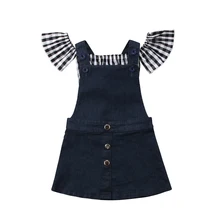 Одежда в клетку для маленьких детей топы с открытыми плечами для маленьких девочек, футболка джинсовые юбки с подтяжками, комплект из 2 предметов