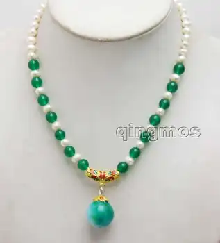 

20mm beads with 6-7mm white Round natural pearl & 8mm Green beads 17'' Necklace -nec6302 Wholesale/retail