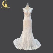 Rhine Real Sample Sexy Lace V Neck Mermaid Beach Thin Bridal Wedding Dresses Wedding Gown