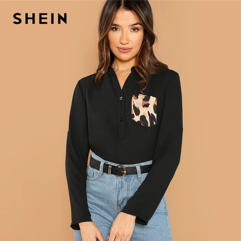 

SHEIN Black Workwear Colorblock Leopard Pocket Patched Roll Up Sleeve Half Placket Shirt Autumn Casual Women Tops And Blouses