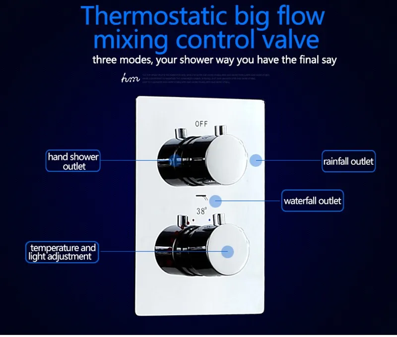 Hm Термостатический смеситель для душа 2" дождь и водопад высокого класса хромированный кран со скрытой коробкой для ванны и душа
