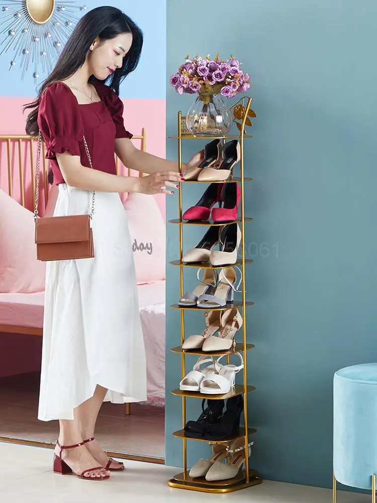 

Nordic golden shoe rack dustproof metal multi-layer space saving simple home economy door small shoe cabinet