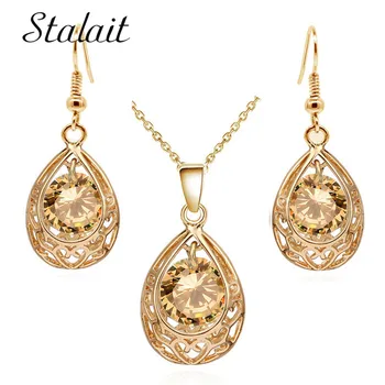 

Hollow Water Drop Champagne Zircon Earring Pendant Necklace Jewelry Set For Women Mother's Day Gift Bridal Wedding