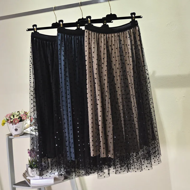 Новое поступление, бархатная плиссированная юбка из тюля в горошек, двусторонняя Удобная элегантная одежда Faldas Largas