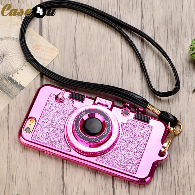 Goedkoop Shining 3D Camera Bling Glitter Spiegel Stand Telefoon Gevallen voor iPhone XS Max XR X 10 7 8 Plus 6 6 s iPhone8 Siliconen Cover Ketting
