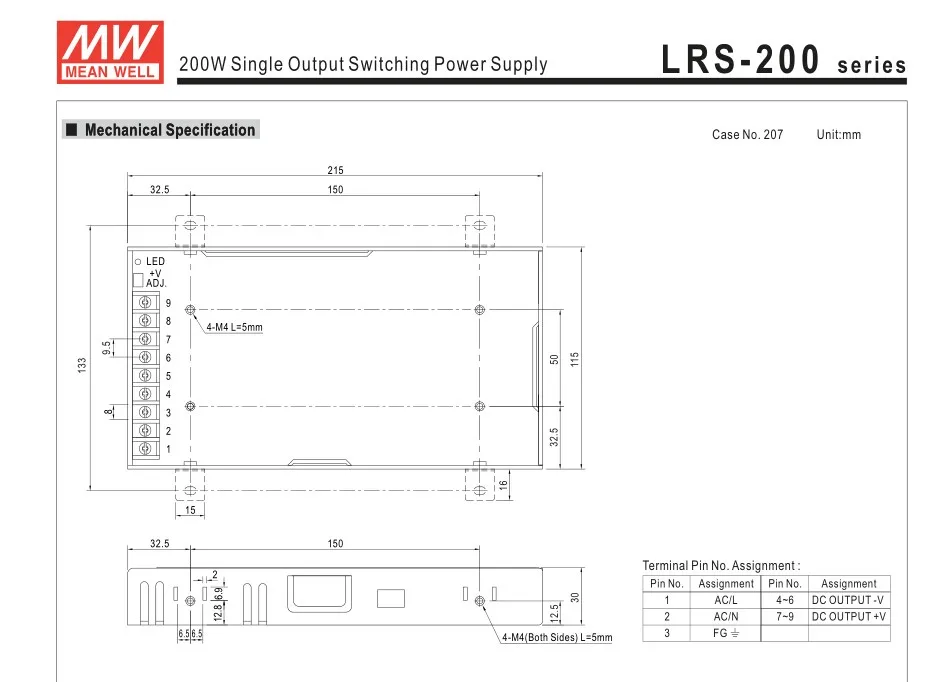 LRS-200-5; 5 В/200 Вт режим переключения meanwell Светодиодный источник питания; AC100-240V вход; 5 В/200 Вт Выход